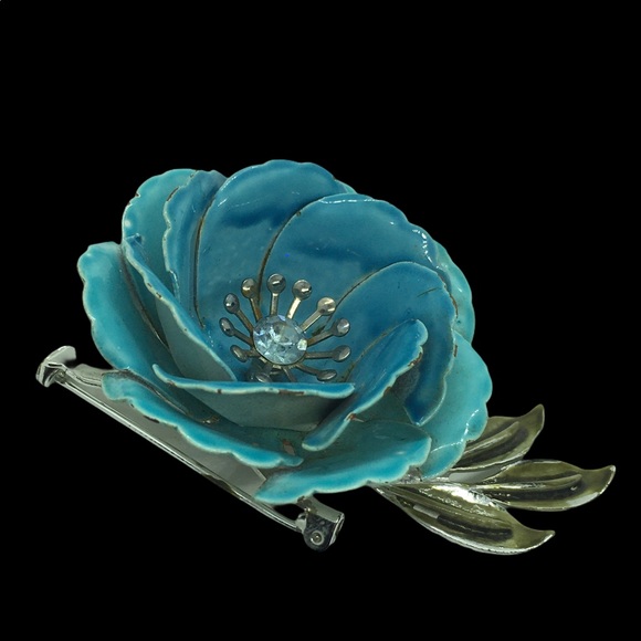 Signed Coro Large Blue Enamel Rhinestone Brooch - Picture 3 of 7